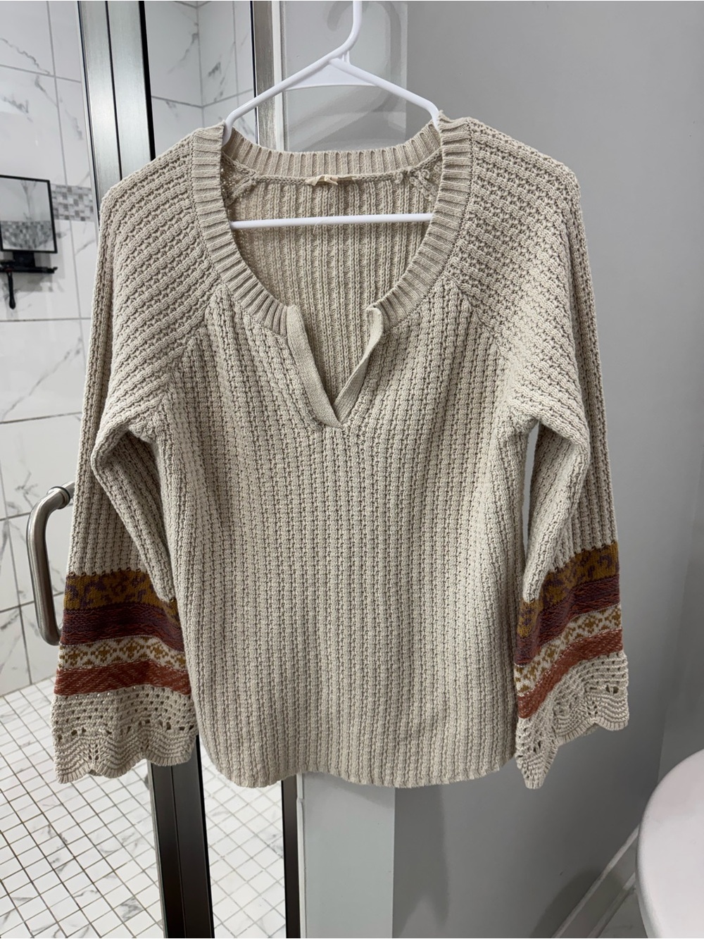 Mystree Cream V-Neck Knit Sweater with Patterned Bell Sleeves